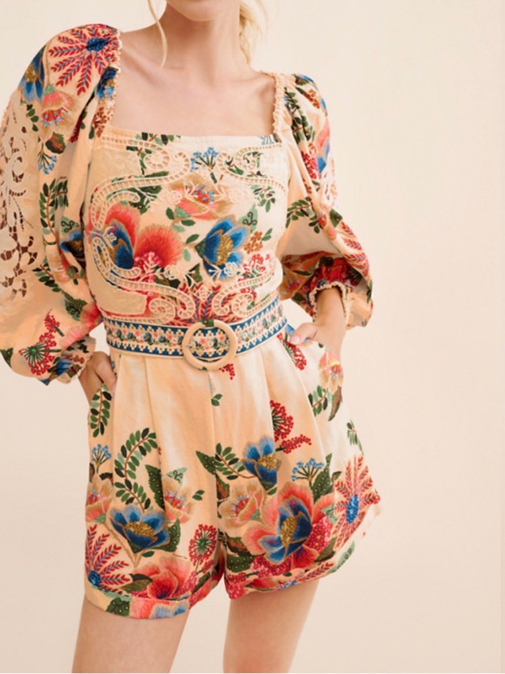 FARM Rio Cream Floral Embroidered Puff-Sleeve Romper - Picture 2 of 4